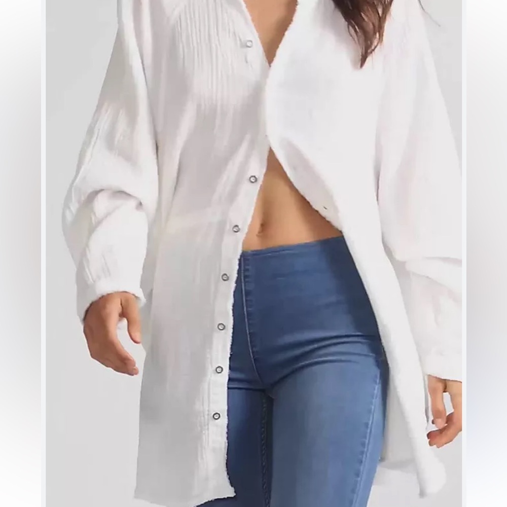 FREE PEOPLE white button down front side bottom slits dress rayon large